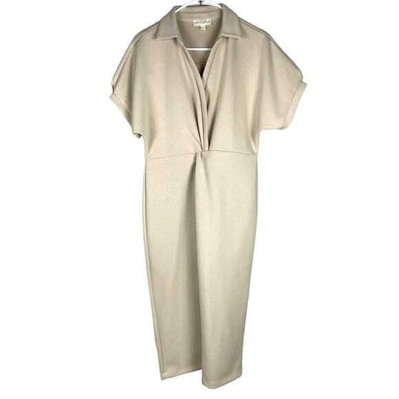 CYNTHIA ROWLEY Collared Scuba Midi Dress Twist Front Beige Women's Size Small - Picture 1 of 10